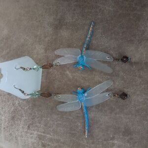 Handmade & One Of A Kind! Dragonfly Dangle Earrings with Blue and Brown Accents